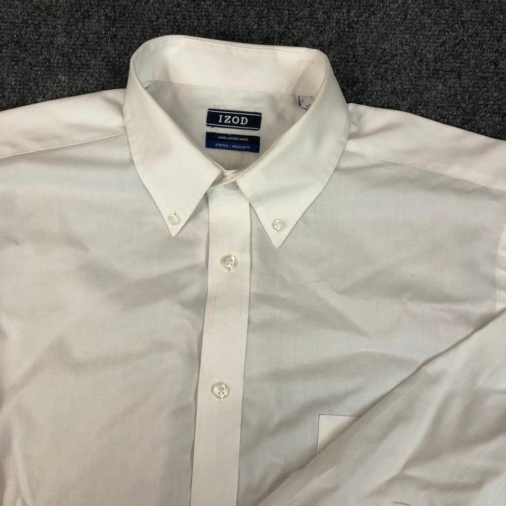 IZOD‎ Mens White Long Sleeve Button Down Dress Shirt Stretch Regular Fit Size L